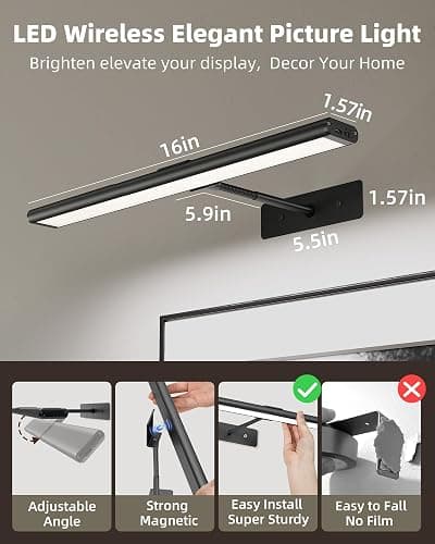 EZVALO Picture Light for Wall, Built-in 4800mAh Rechargeable Wireless Battery Lights for Painting, 16In Dimmable Remote Magnetic LED Art Light, Colors Temperatures, for Gallery, Living Room(Black-3P) thumbnail 5