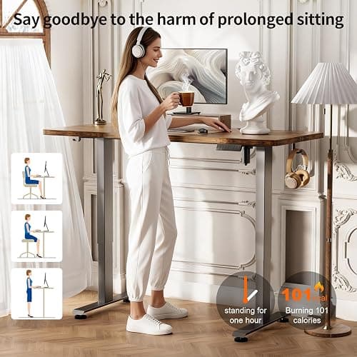 Veken 55 Inch Large Electric Standing Desk, Heights Adjustable, Sit to Stand Up, Work Home Office Computer Table for Study, Walking Pad, Writing, and Games, Wooden Desktop Desks, Brown thumbnail 6