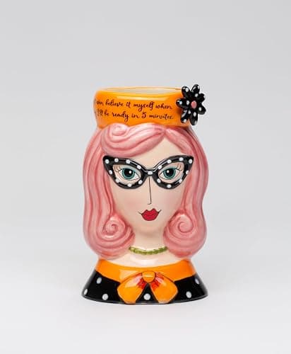 Cosmos Gifts Lady Pink Hair Pencil Vase, Makeup Brush Holder, 3 1/2" x 3" x 5 5/8" H, Multicolor (62609) - Image 1