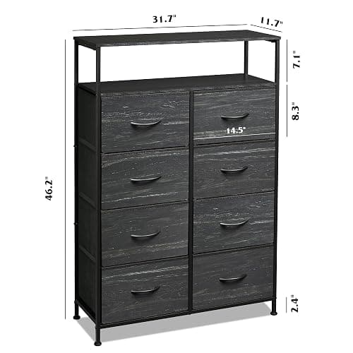 WLIVE Fabric Dresser for Bedroom with Open Shelves, Tall Dresser with 8 Drawers, Storage Tower with Fabric Bins, Chest of Drawers for Closet, Living Room, Hallway, Charcoal Black Wood Grain Print - Charcoal Black Wood Grain Print - Raised Shelves thumbnail 3