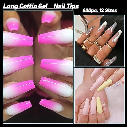 LuckForever 600pc Long Coffin Gel Nail Tips Clear Fake Nail Long Soft Gel Nail Tips Full Cover False Nail Medium Ballerina Gel for Acrylic Nails Extension Press on Nail Making - Long Coffin thumbnail 7