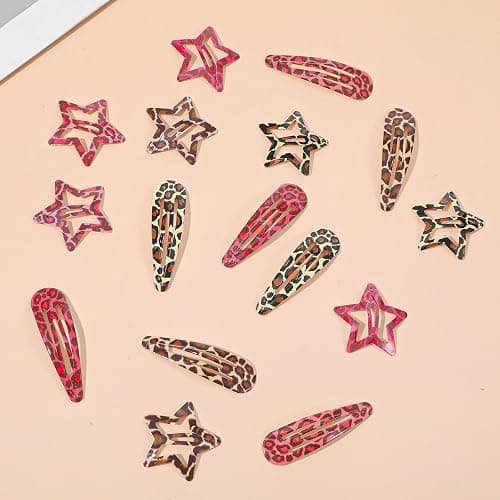 Shimmeroo 16PCS Snap Hair Clips Metal Leopard-Print Hairpin Star Water Drop | Hair Barrettes for Y2k 2000s Side Clip Decoration Accessories for Women,Pink Brown thumbnail 6