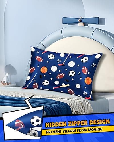 Miss Adola 1 Pack Kids Pillowcase - 30"x20" Queen Mulberry Silk Pillowcase for Hair and Skin 19 Momme Silk Pillow Case Cute Cartoon Kawaii Fun Pillowcase for Teens Boys Girls, Blue Ballgame thumbnail 7