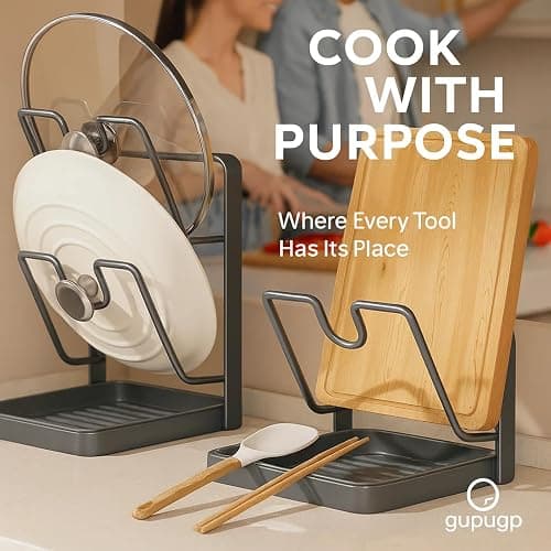 Kitchen Pot Lid Storage Rack, Multifunctional Countertop Pot Lid Organizer | Holder, Lid Holder While Cooking, Lid And Spoon Rest For Stove Top (Grey, Double layer) thumbnail 3