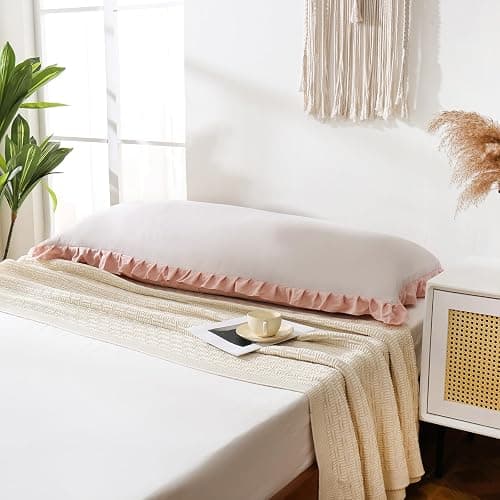 Merryword Beige & Pink Reversible Body Pillow - 20x54inches, Ruffled Long Pillowcase (1 Body) thumbnail 3
