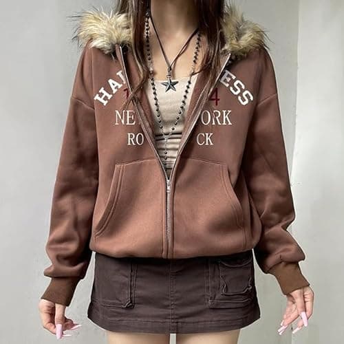HOHOPEACH Y2k Zip Up Hoodie Fur Jackets Winter Coats Teen Emo Grunge 2000s Clothes Vintage Streetwear Women thumbnail 5