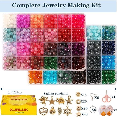 Glass Beads for Jewelry Making, 1300pcs + 8mm 48 Colors Round Crystal Glass Beads Bracelet Making Kit, Bead Starter Kit for Birthday Holiday Christmas Gifts thumbnail 4