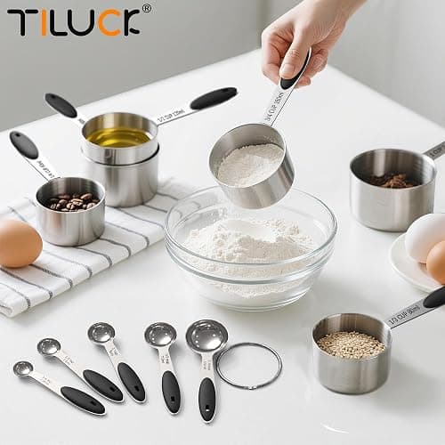 TILUCK Stainless Steel Measuring Cups and Spoons Set with Silicone Handle – Nesting Design for Space-Saving, Heavy Duty & Dishwasher Safe for Dry/Liquid Ingredients, Cooking & Baking (10) thumbnail 2