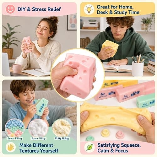 Cheese & Butter Squishy Skin Stress Ball Kit, Easy Handmade Sensory Squishy | Includes 5 Cheese & Butter TPR Skins and 7.05 oz Filler, Calming ASMR Craft, Great for Anxiety Relief and Creative Play thumbnail 7