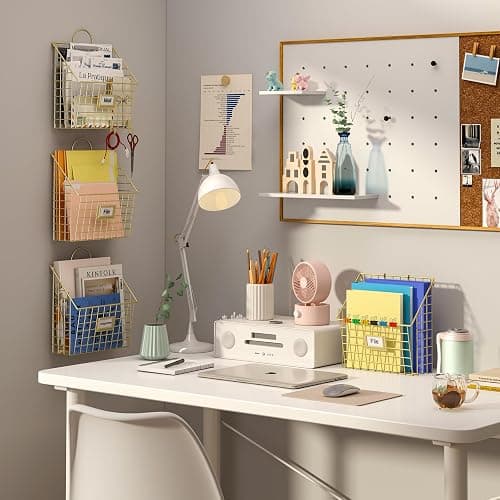 Yuzehuaza Wall File Organizer Mesh Hanging Wall Files Holder,Magazine Rack and Mail Basket with Hooks, Office Wall Organizer for Papers Folders Files Clipboard 4 Packs, Gold(Patent Pending) thumbnail 4