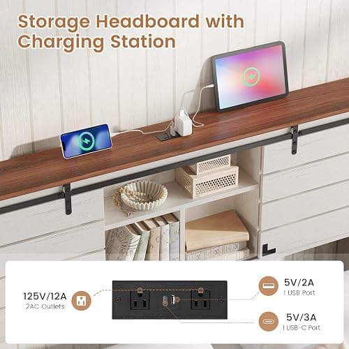 VIAGDO Wooden Bed Frame Full Size with Bookcase Headboard and Sliding Barn Door, Farmhouse Bed Frame Full Size with Charging Station, LED Lights and 4 Storage Drawers, No Box Spring Needed, White thumbnail 4