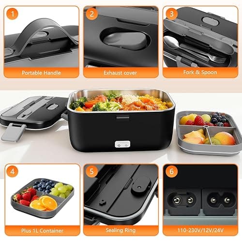 Electric Lunch Box for Adults, 2.8L Double Layer 100W Fast Heated Lunch Box, Heating Food Heater Warmer for Home Office Car Truck Use, Extra Large Lonchera Electrica Portátil 12/24V/110-230V, Black thumbnail 5