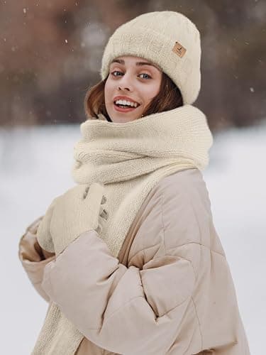 Winter Beanie Hat Scarf Gloves, Warm Fleece Knit Hat Long Scarf Neck Warmer Touch Screen Winter Gloves Set Gifts for Women thumbnail 6