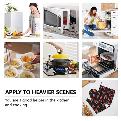 Red and Black Cherry Oven Mitts and Pot Holders Sets of 4, Heat Resistant Silicone Oven Mittens and Potholders Gloves Hot Pads for Kitchen Cooking Baking Grilling BBQ Chef thumbnail 8