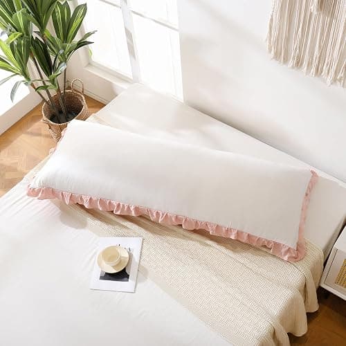 Merryword Pink Body Pillow Cover 20x54inches White and Pink Reversible Long Pillowcase Ruffled Body Pillowcases Cute Pillowcase Pillow Sham (1 Body, White Pink) thumbnail 4