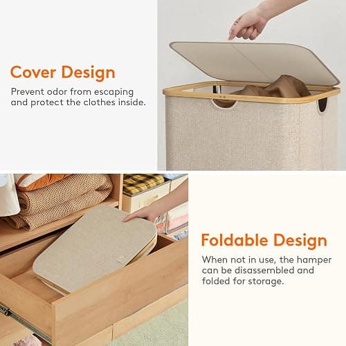 Lifewit 150L Laundry Basket with Lid, Clothes Hampers for Laundry with Bamboo Handles and 2 Removable Bag, Large Foldable Laundry Hamper for Bedroom, Bathroom, Dorm, Laundry Room, Beige thumbnail 7