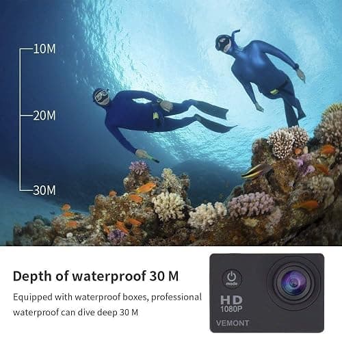 VEMONT Action Camera, 1080P 12MP Sports Camera Full HD 2.0 Inch Action Cam 30m/98ft Underwater Waterproof Snorkel surf Camera with Wide-Angle Lens and Mounting Accessories Kit thumbnail 3
