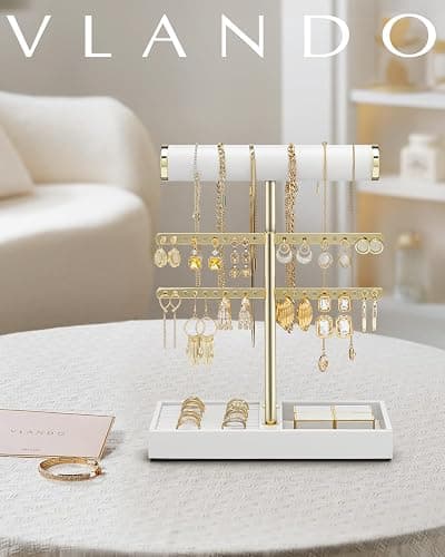 Vlando 2 Tier Necklace Holder Organizer with Tray, Leather Bracelet Holder Display for Women, Gold Jewelry Holder Stand for Bracelet, Necklace, Earrings, Rings - White thumbnail 6