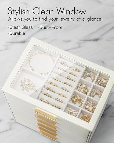 Vlando 6 Layer Jewelry Box for Women, Glass Lid Jewelry Organizer with 6 Drawers for Necklaces Rings Earrings Bracelets - Cloud White thumbnail 5