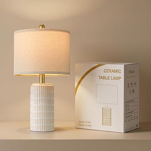 PoKat 21'' Modern Ceramic Table Lamp with Gift Box, White for Bedroom,Small | Bedside Lamps for Nightstands, Gold Pole Design, Farmhouse Home Decor for Living Room, Ideal Housewarming Gift for Women thumbnail 7