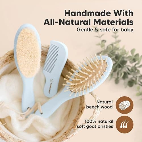Baby Hair Brush Set for Newborns - Soft Goat Bristle Wooden Baby Brush and Comb Set Newborn Grooming Kit for Cradle Cap, Durable & Gentle, Boy, Girl Infant Essentials Care Kit (Oval, Frost) thumbnail 4