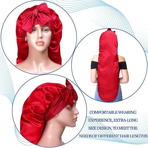 Geyoga 3 Pcs 40 Inches Extra Long Satin Braid Bonnet for Sleeping Silk Hair Bonnet for Women with Tie Band Foldable Braids Hair Sleep Tie, Black, Wine Red and Gold thumbnail 4