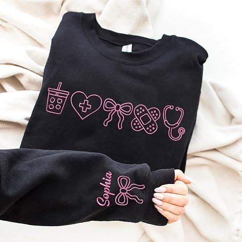 Embroidered Nurse Sweatshirt – Coquette Bow Nursing Crewneck, Cute Nursing Student Sweater, Personalized CNA Outfit, Medical Professional Clothing, Unique Gift Idea for Nurses and Healthcare Workers thumbnail 5