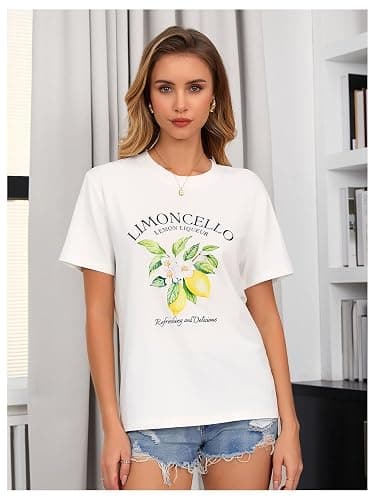 SweatyRocks Women's Lemon Shirts Letter Fruit Printed Graphic Tees Short Sleeve Casual T-Shirt thumbnail 4