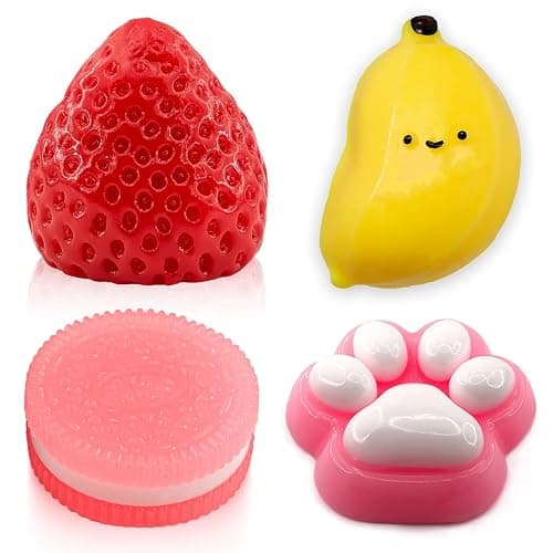 Taba Squishy Toy Set, Sensory Squeeze Fidget Toys for Stress Relief, Cute Party Favors for Kids Adults, Includes Banana Strawberry Cat Paw and Cookie - Image 1