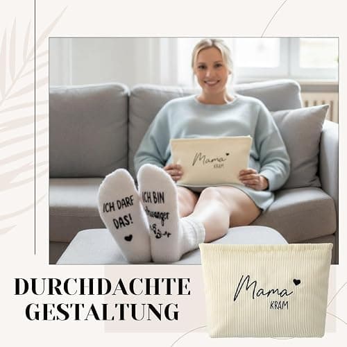 Jadive 2 Stück Geschenkset für Werdende Mütter Mama Kram Kosmetiktasche aus Cord mit Reißverschluss Schwangerschaft Rutschfeste Socken für Neue Mama Frauen Babyparty Verkünden (Cremeweißer Cord, weiß) thumbnail 6