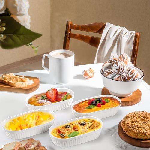 Foraineam 10 Pack White Ramekins, Porcelain Souffle Dishes, Oval Crème Brulée Ramekins for Baking, 6 Ounce Dessert Bowls Set for Soufflé, Pudding, Quiche, Snack, Custard, Dishwasher and Oven Safe thumbnail 2