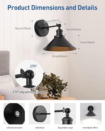 Bailoch Black Vintage Wireless Battery Operated Wall Sconces, Industrial Cordless Battery Powered Led Wall Lights Set of 2, Wall Lamp Fixture Indoor with Remote Control for Bedroom Farmhouse Gallery thumbnail 2