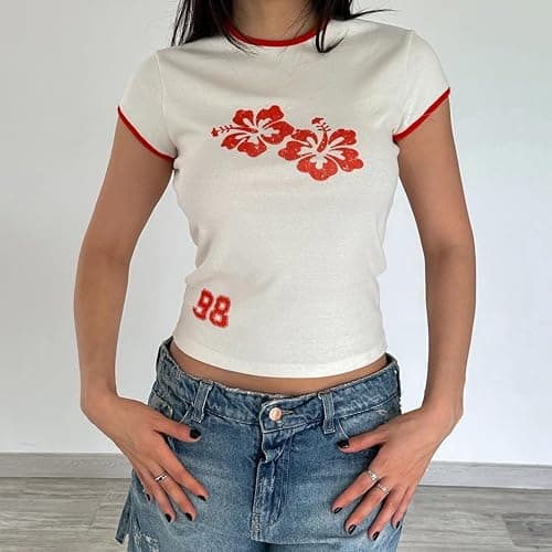 Y2k Graphic Baby Tees Women Teen Girl Fruit Print Crop Top Short Sleeve Slim Fit Vintage Aesthetic T Shirt Clothes - Small - Milky Hibiscus Floral thumbnail 4