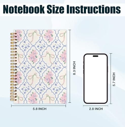 ZOFGUO Grandmillennial Pink and Blue Floral Spiral Notebook Journal, Coquette Bow Grandmillennial Flower Journal Notebooks for Note Taking, Chinoiserie Floral Hardcover Notebook, 5.5x8.3 Inch thumbnail 3