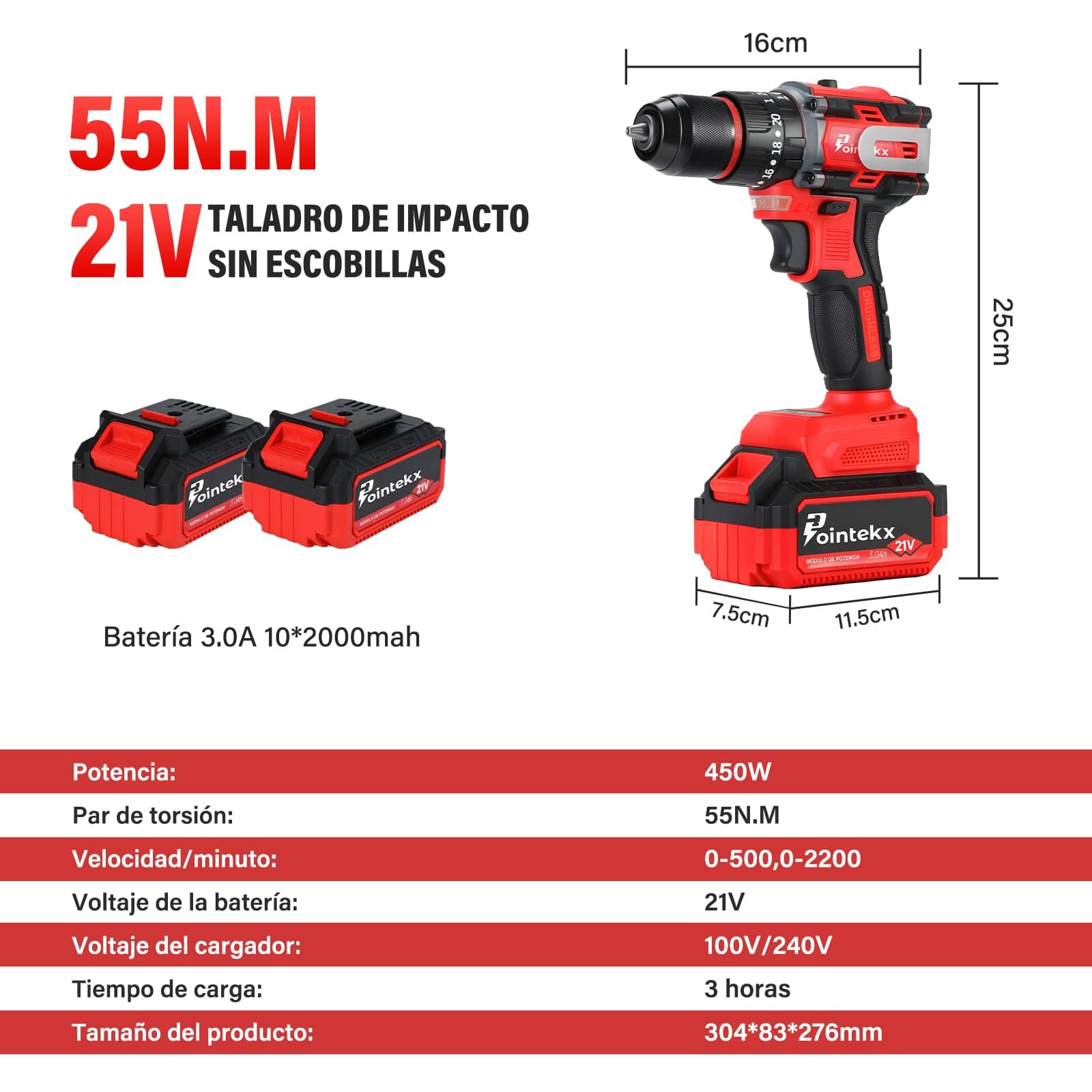 Taladro Inalámbrico 21V, 55N.m Taladro Atornillador Inalambrico Motor sin Escobillas, 3 Modos (Perforación/Tornillo/Impacto), 20 Ajuste Esfuerzo de torsión, 2 Baterías de 3.0Ah thumbnail 8
