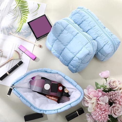 Huhumy 3 Pcs Puffy Makeup Bag for Women, Checkered, Blue, Medium | Quilted Cosmetic Pouch Cute Travel Toiletry Bag Puffer Makeup Organizer Purse Pouch Preppy Pencil Case with Zipper thumbnail 2
