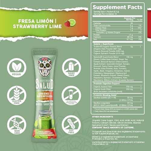 Salud 2-in-1 Greens Powder + Superfood Drink Mix Packets, 20+ Fruits and Veggies, Probiotics, Prebiotics, Supports Digestive Health, Bloating Relief, Vegan, Strawberry Lime (15 Servings) thumbnail 2