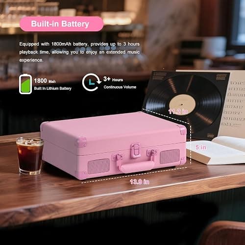 Portable Record Player with Bluetooth 3 Speed Turntable Built in Rechargeable Battery Vintage Suitcase Design with RCA Line Out and Aux in thumbnail 5