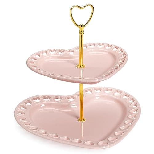 Paris Hilton 2-Tier Heart Serving Tray, Iconic Ceramic Stoneware with Metal Handle, Easy Assembly for Stylish Display, 9-Inch and 7-Inch Plates, Pink - Image 1