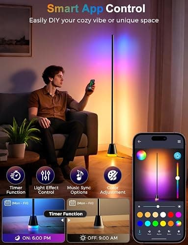 Alfolive Corner Floor Lamp, Smart RGB Lamps for Living Room Bedroom, APP & Remote Control Tall Standing LED Lights, 16 Million DIY Colors Modern Ambient Lighting with Music Sync & Timer, Jet Black thumbnail 5
