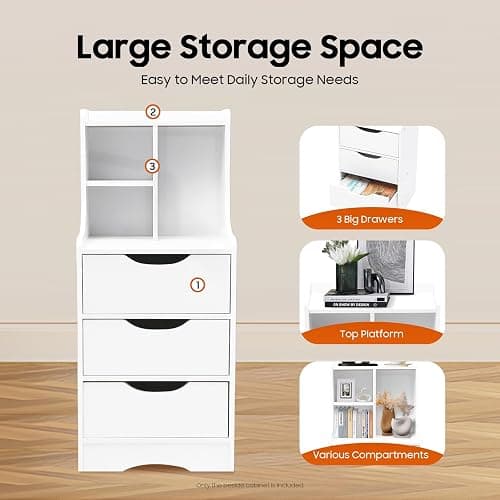 Nightstand with 3 Drawers, 33.4 in Tall Storage Night Stand with Hutch, Nightstands Bedside Table with Drawers & Storage Shelf, 3 Drawer Dresser, Small Bed Side End Tables for Bedroom, Living Room thumbnail 4