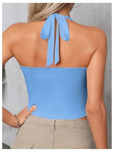 SOLY HUX Women's Ruched Halter Y2K Crop Tops Tie Back Sleeveless Slim Fit Cami Tops - X-Small - Solid Blue thumbnail 6