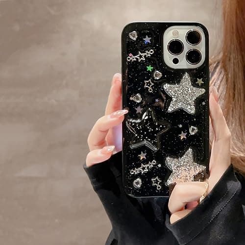 LOLAGIGI for iPhone 13 Case Bling Stars 3D Hearts Diamond Twinkle Star Glitter Y2K Spark Luxury Girly Aesthetic Personalized Design for Women Girls Teens TPU Case, 6.1", Black thumbnail 2