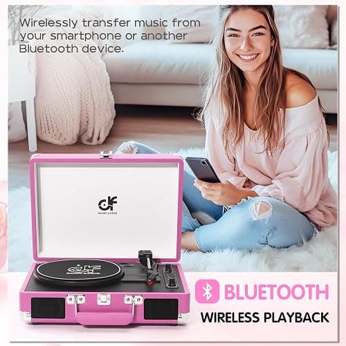 Record Player, Vintage 3-Speed Suitcase Turntable with Built-in 2 Speakers,USB Recording Vinyl to MP3, Bluetooth 3 Speed 3 Size Portable Record Player for Music Lovers Hot Pink thumbnail 5