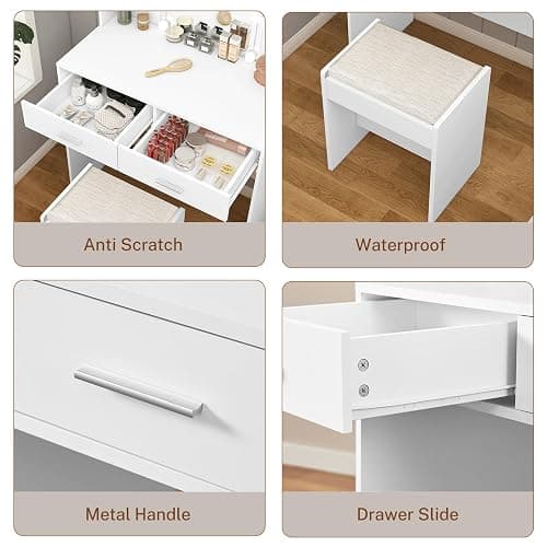 FIONESO Vanity Desk with Mirror & Lights, Makeup Vanity Table with 2 Large Drawers, 6 Storage Shelves & Stool, Bedroom Dressing Vanity Table with 3 Color Light Adjustable, White thumbnail 9