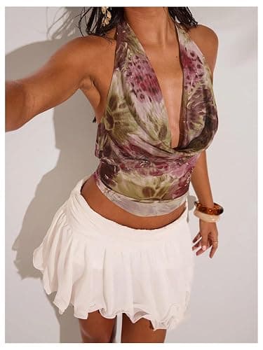 SOLY HUX Women's Cowl Neck Halter Tops Mesh Floral Deep V Neck Draped Front Backless Summer Going Out Crop Tank Tops thumbnail 3