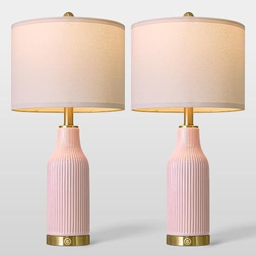 USumkky 24.5" Modern 3-Way Dimmable Touch Control with 5FT Cord & USB A+C Ceramic Lamps Set of 2 Table Lamp for Living Room Bedroom Farmhouse Nightstand Bedside Pink thumbnail 8
