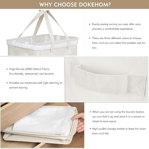 DOKEHOM 90L X-Large Laundry Basket with Removable Wash Bag on Wheels, Collapsible Rolling Laundry Hamper, Foldable Clothes Organizer, Folding Washing Bin (Beige) thumbnail 5
