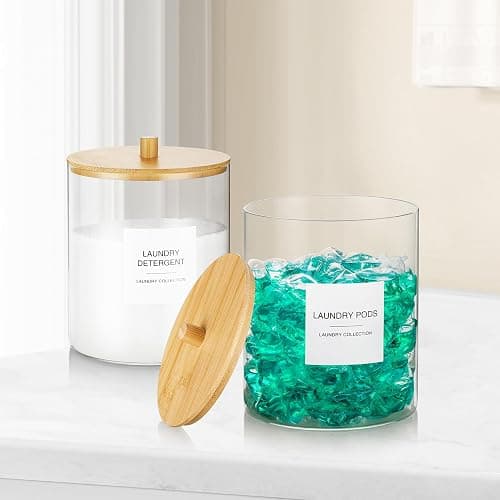 TIPGO Glass Jars for Laundry Room Organization, Laundry Pods Container with 27 Labels, Detergent Holder with Bamboo Lid, Cute Storage Jars (Set of 1) thumbnail 2