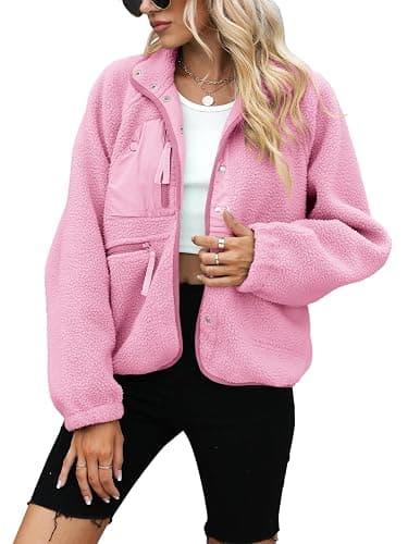 Yanekop Womens Fleece Jacket Fuzzy Long Sleeve Short Winter Coats Button Down Sherpa Jacket Outerwear with Pockets thumbnail 2